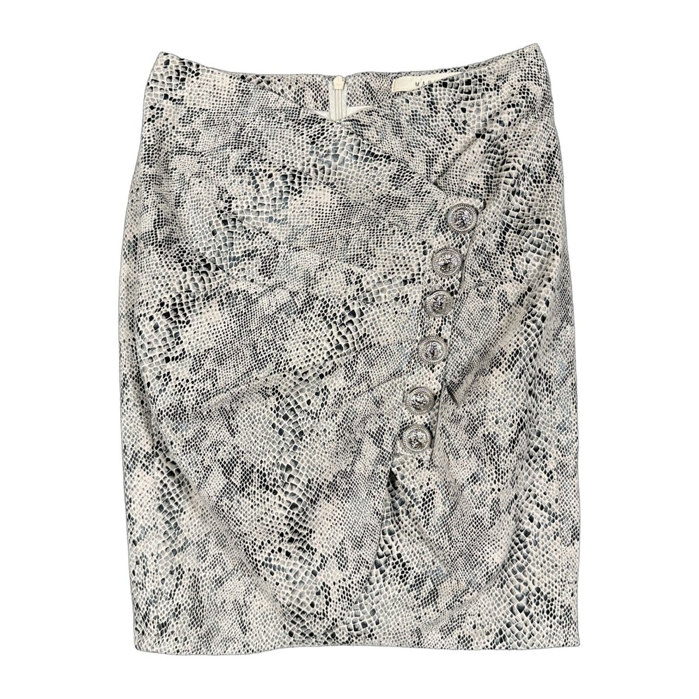 Mable Womens Snakeskin Print Mini Skirt Small Cream Black Lion Head Buttons